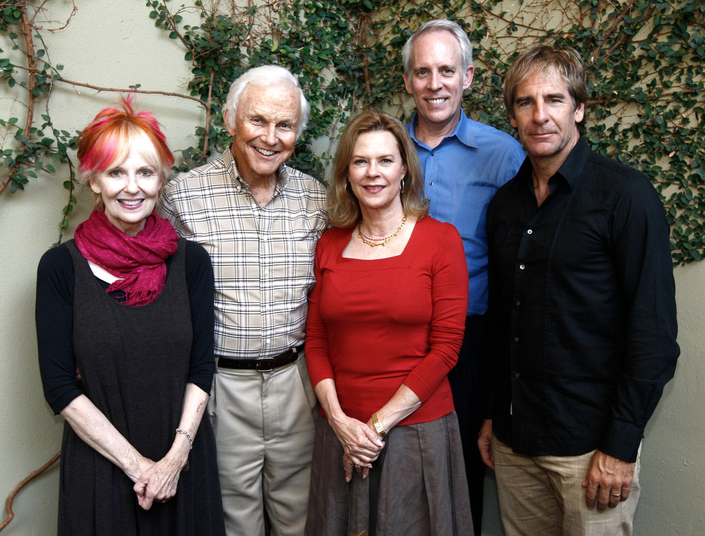 FILE - Shelley Fabares, left, poses for a group photo with other Screen Actors Guild Awards committee members, from left, Paul Napier, Chairwoman JoBeth Williams, Vice Chair Daryl Anderson and Scott Bakula during a tasting of the proposed menu and alternatives for the SAG Awards by Lucques Catering, Sept. 29. 2009, in Los Angeles. (AP Photo/Matt Sayles, File)