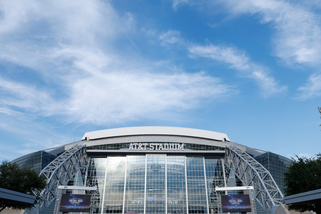 FILE - AT&T stadium in a general outside view (GV) before a NFL football game between the Green Bay Packers and the Dallas Cowboys on Sunday, Sept. 28, 2025, in Arlington, Texas. (AP Photo/Matt Patterson, File)