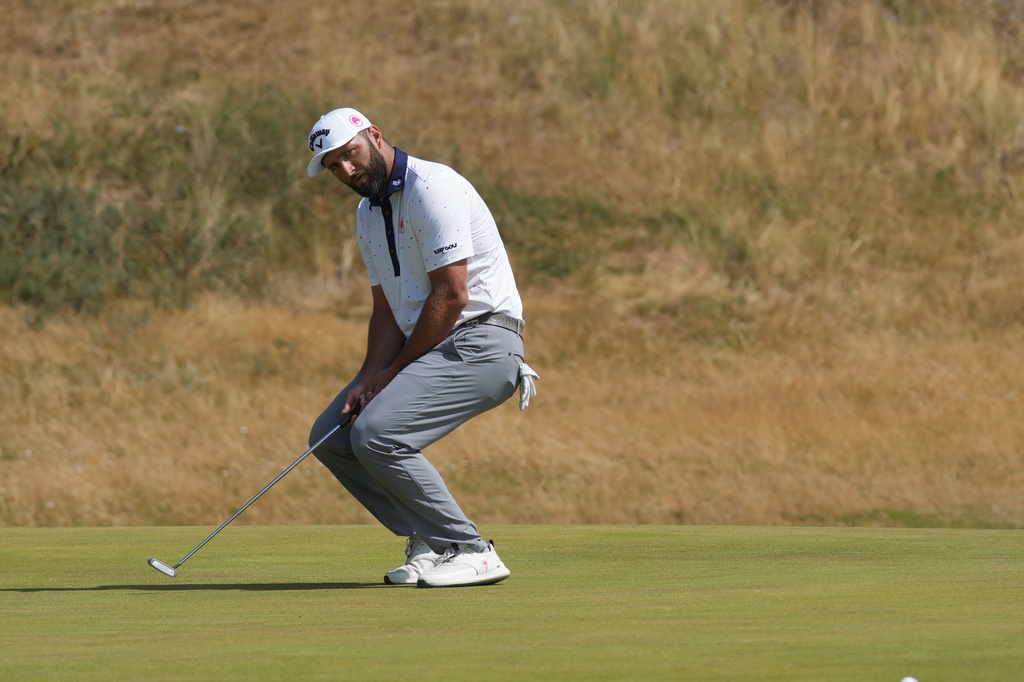 Jon Rahm of Spain reacts after putting on the 6th green during the first day of the British Open Golf championships at Royal Birkdale golf club, in Southport, England, Thursday, July 16, 2026. (AP Photo/Jon Super)