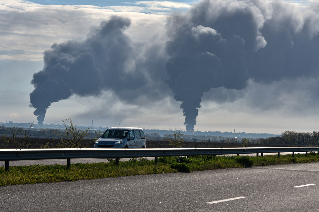 Smoke rises after a Russian strike in Dnipro, Ukraine, Saturday, April 25, 2026. (AP Photo/Mykola Synelnykov)
