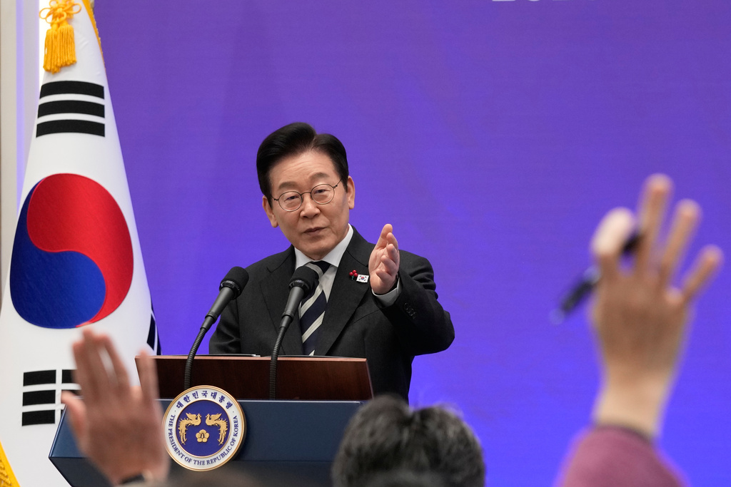South Korean President Lee Jae Myung gestures during a news conference to mark the first anniversary of the Dec. 3 martial law crisis at the Blue House in Seoul, South Korea, Wednesday, Dec. 3, 2025. (AP Photo/Ahn Young-joon)