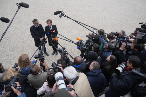 French socialist party secretary general Olivier Faure, left, and Boris Vallaud, president of the socialist parliament members at the National Assembly speak to medias after a meeting with French president Emmanuel Macron at the Elysee Palace, in Paris, Friday, Oct. 10, 2025. (AP Photo/Thibault Camus) French socialist party secretary general Olivier Faure, left, and Boris Vallaud, president of the socialist parliament members at the National Assembly speak to medias after a meeting with French president Emmanuel Macron at the Elysee Palace, in Paris, Friday, Oct. 10, 2025. (AP Photo/Thibault Camus)