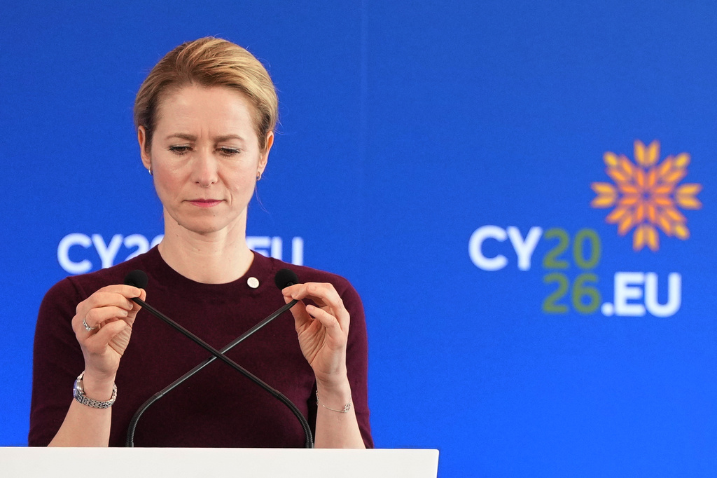 European Union foreign policy chief Kaja Kallas talks to the media after the Informal meeting of EU Foreign ministers, in the port city of Limassol, Cyprus, Thursday, May 28, 2026. (AP Photo/Petros Karadjias)