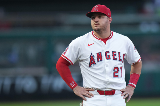 FILE - Los Angeles Angels' Mike Trout stands on the field before a baseball game against the Houston Astros, Sept. 27, 2025, in Anaheim, Calif. (AP Photo/Jae C. Hong, File) FILE - Los Angeles Angels' Mike Trout stands on the field before a baseball game against the Houston Astros, Sept. 27, 2025, in Anaheim, Calif. (AP Photo/Jae C. Hong, File)