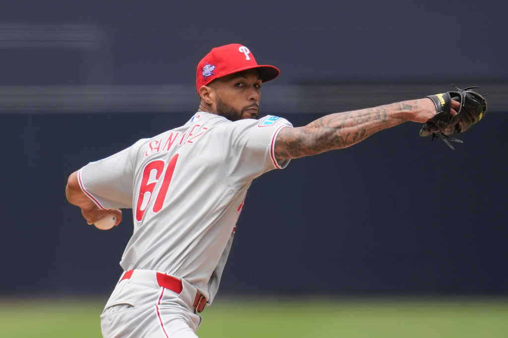 Philadelphia Phillies starting pitcher Cristopher Sánchez works against a San Diego Padres batter during the first inning of a baseball game Wednesday, May 27, 2026, in San Diego. (AP Photo/Gregory Bull)