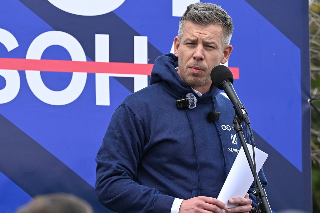President of the opposition Tisza Party Peter Magyar speaks during a campaign stop in Velence, Hungary, Thursday, March 12, 2026. (Zoltan Mathe/MTI via AP)