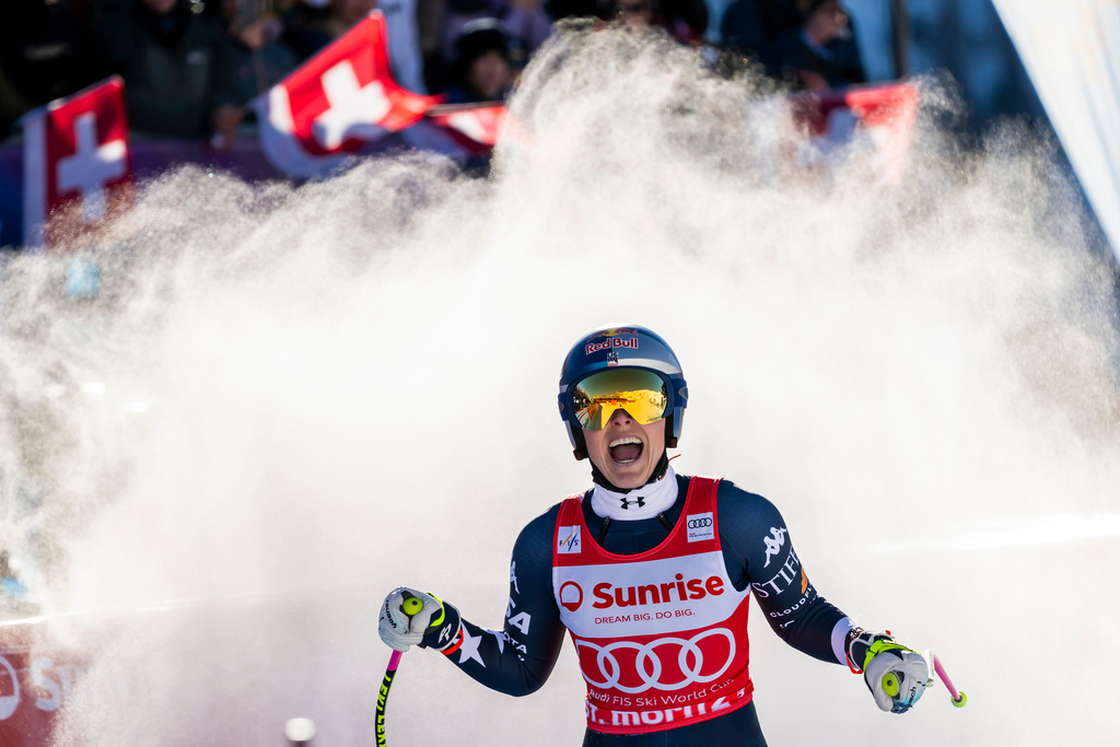 Lindsey Vonn of the United States reacts after completing an alpine ski, women’s World Cup downhill, in St. Moritz, Switzerland, Saturday Dec. 13, 2025 (Jean-Christophe Bott/Keystone via AP)