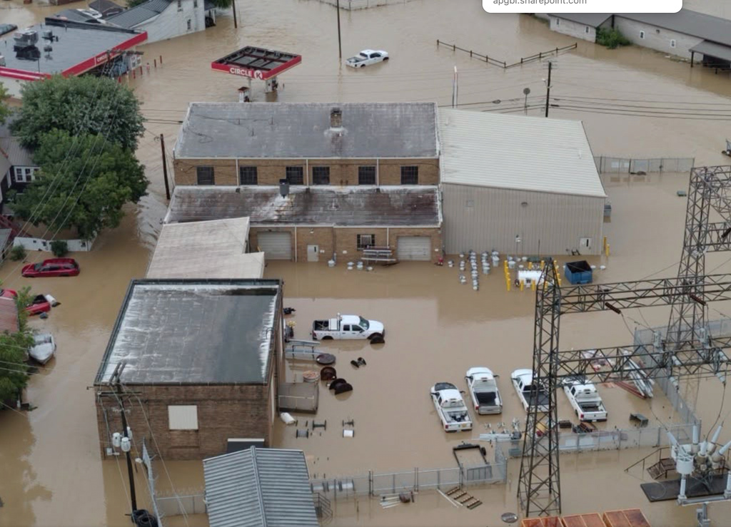 This photo provided by AEP Ohio shows flooding in the Crooksville, Ohio area on Tuesday, Aug. 11, 2026. (AEP Ohio via AP)