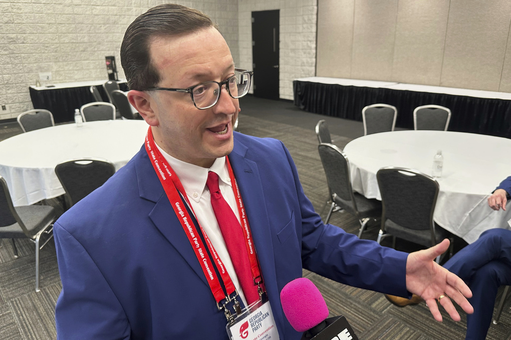 FILE - Georgia Republican Party Chairman Josh McKoon speaks to reporters after the state party convention June 7, 2025, at the Dalton Convention Center in Dalton, Ga. (AP Photo/Jeff Amy, File)
