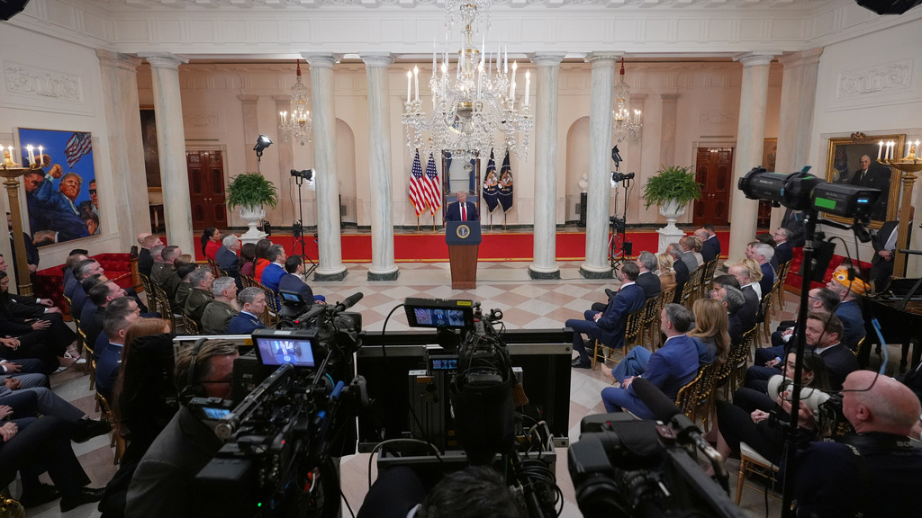 President Donald Trump speaks about the Iran war from the Cross Hall of the White House on Wednesday, April 1, 2026, in Washington. (AP Photo/Alex Brandon, Pool)