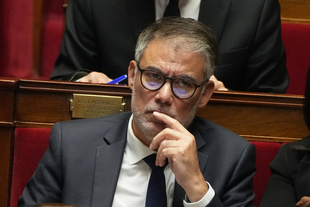 Secretary general of the French Socialist Party listens to French Prime Minister Sebastien Lecornu's policy speech at the National Assembly, Tuesday, Oct. 14, 2025 in Paris. (AP Photo/Thibault Camus)