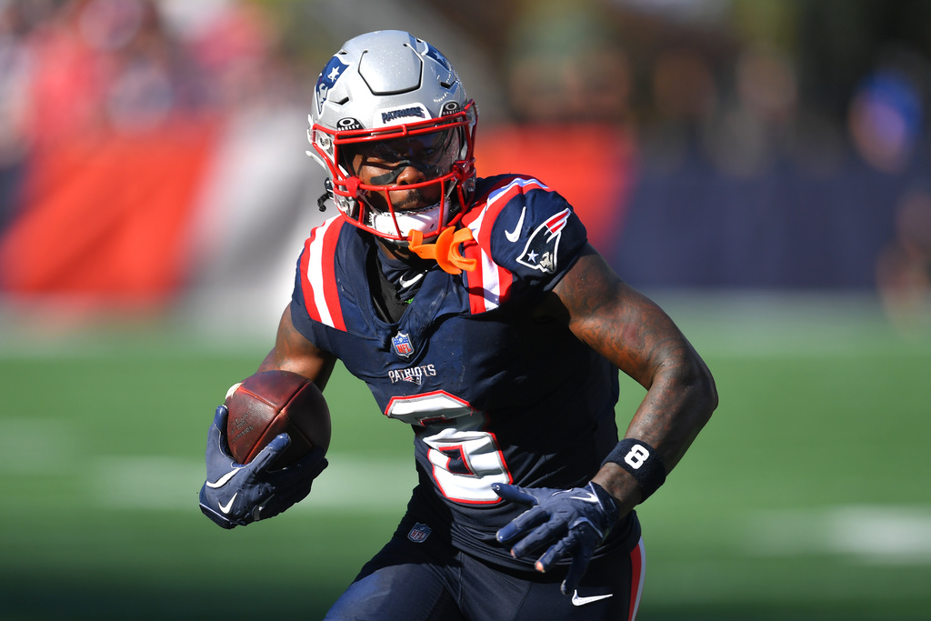 New England Patriots wide receiver Stefon Diggs runs against the Carolina Panthers during the second half of an NFL football game, Sunday, Sept. 28, 2025, in Foxborough, Mass. (AP Photo/Steven Senne)