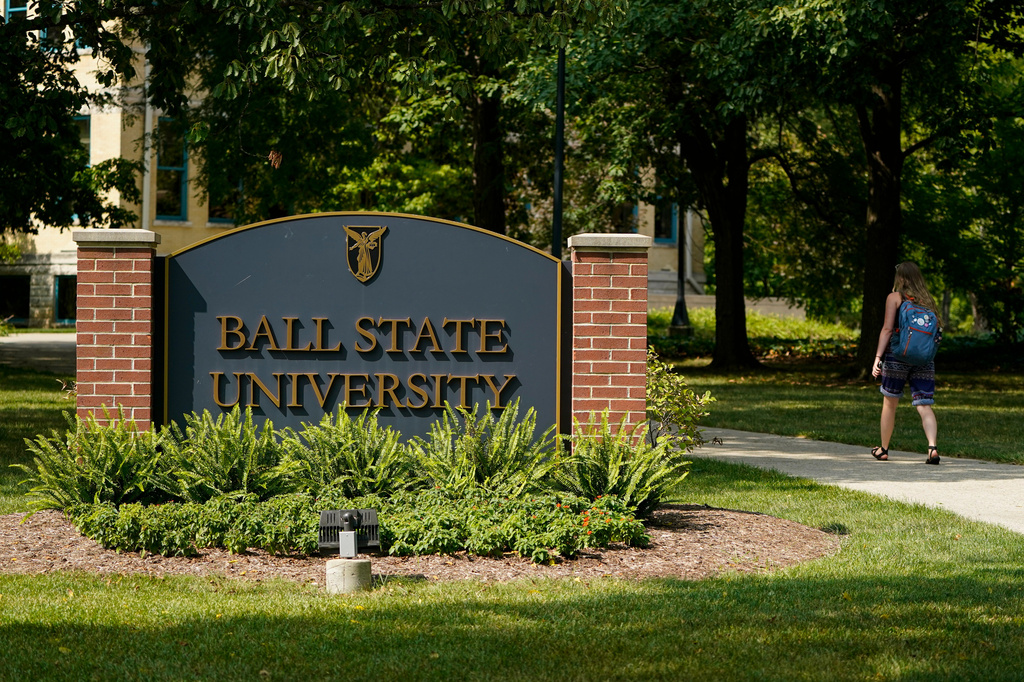 FILE - A student enters Ball State University campus in Muncie, Ind., Sept. 10, 2020. (AP Photo/Michael Conroy, File)