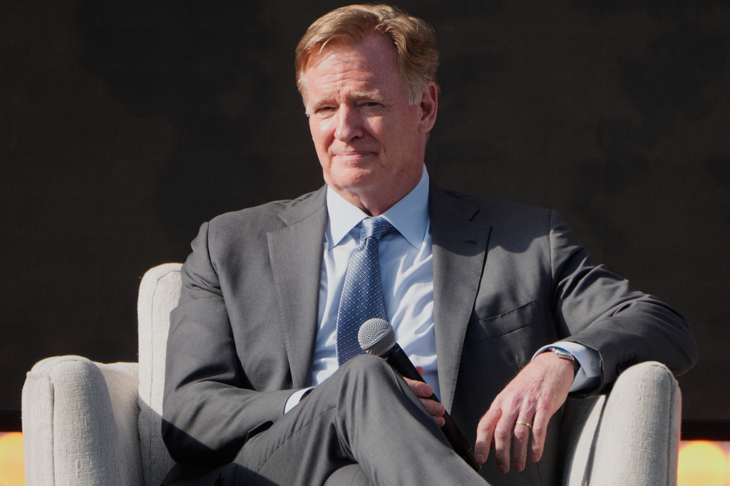 NFL Commissioner Roger Goodell participates in a panel discussion during groundbreaking ceremonies for the new Cleveland Browns stadium in Brook Park, Ohio, Thursday, April 30, 2026. (AP Photo/Sue Ogrocki)