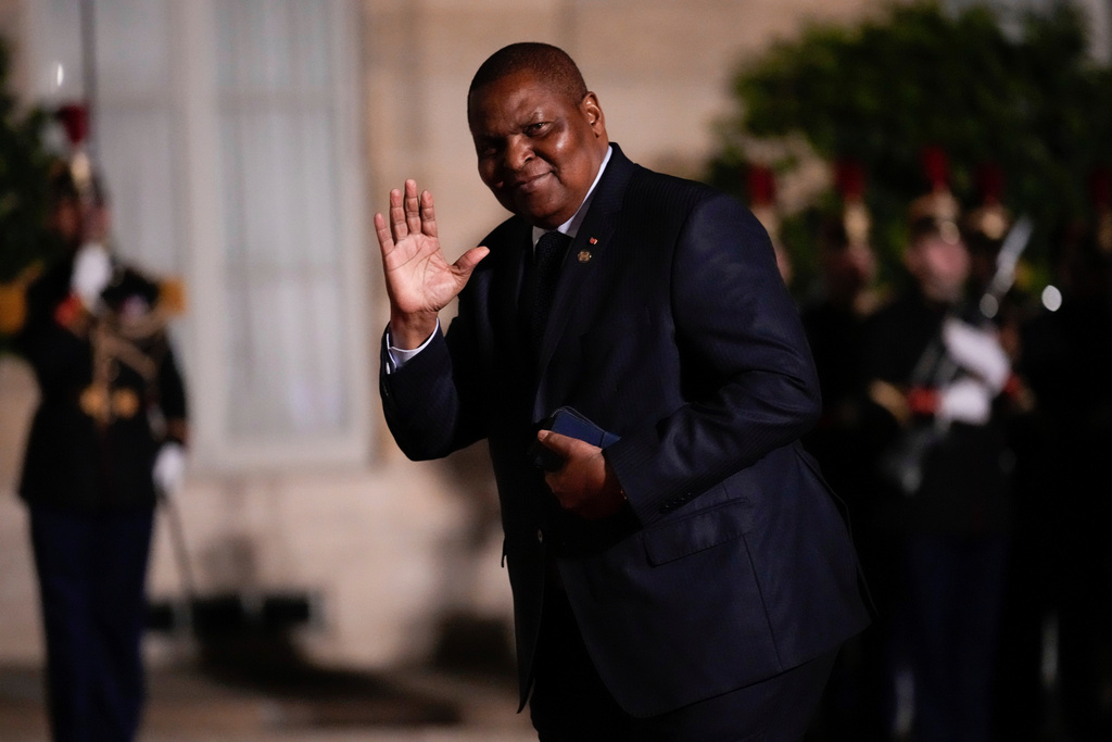 FILE - Central African President Faustin-Archange Touadera arrives for the 19th Francophonie Summit, at the Elysee Palace, in Paris, Friday, Oct. 4, 2024. (AP Photo/Louise Delmotte, File)