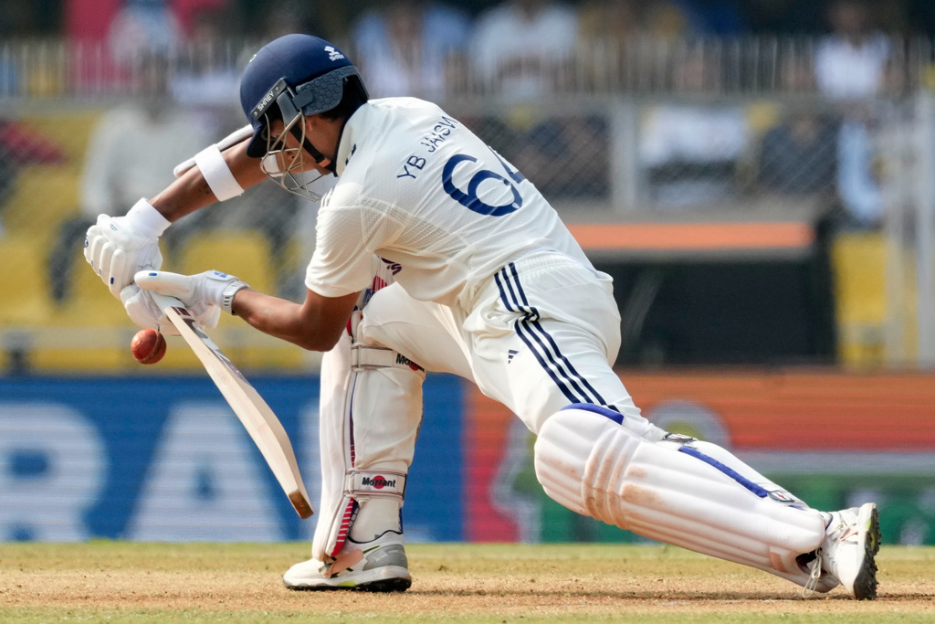 India's Yashasvi Jaiswal plays a shot on the third day of the second cricket test match between India and South Africa in Guwahati, India, Saturday, Nov. 22, 2025. (AP Photo/Anupam Nath)