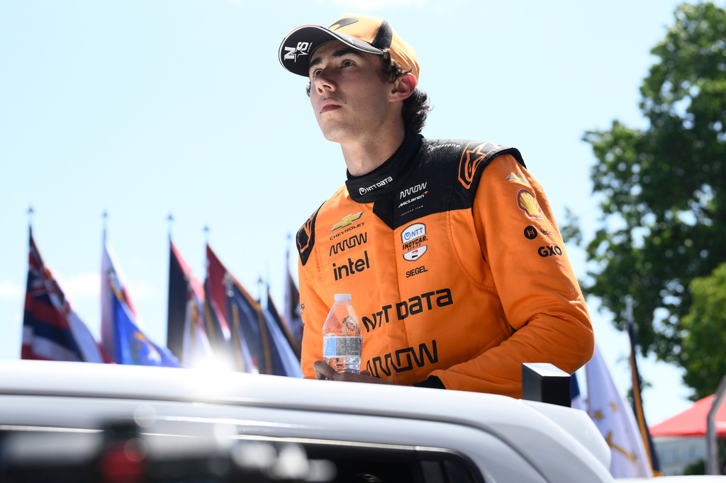 FILE - Christian Lundgaard is seen during driver introductions before the IndyCar Freedom 250 Grand Prix auto race in Washington, Aug. 23, 2026. (AP Photo/Nick Wass, File)