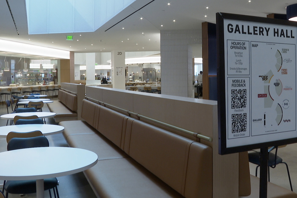 This image taken from video shows the Gallery Hall food area in Ford Motor Co.'s new headquarters building, Monday, Nov. 10, 2025, in Dearborn, Mich. (AP Photo/Mike Householder)