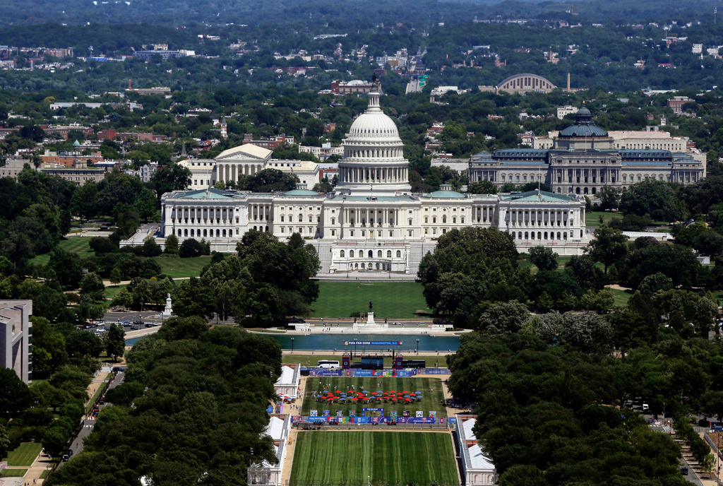 The U.S. Capitol and National Mall are seen as the set up for the America 250 celebration, in Washington, Saturday, June 13, 2026. (AP Photo/Rahmat Gul)