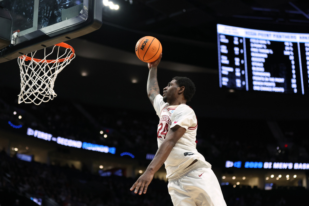 FILE - Arkansas forward Billy Richmond III (24) shoots during the second half in the second round of the NCAA college basketball tournament against High Point, March 21, 2026, in Portland, Ore. (AP Photo/Amanda Loman, File)