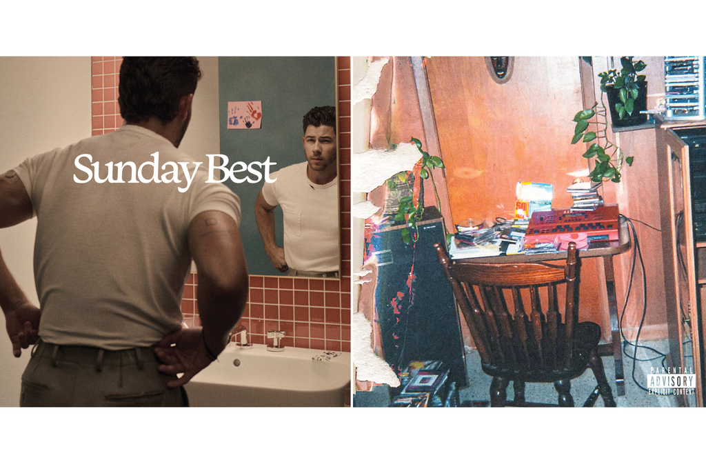 This combination of album covers shows "Sunday Best" by Nick Jonas, left, and "The Fall-Off" by J. Cole. (Republic Records/ via AP, left, and Cole World Inc./Interscope via AP)