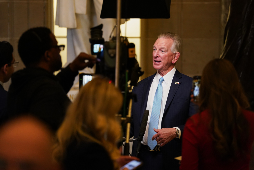 Sen. Tommy Tuberville, R-Ala., gives an interview before President Donald Trump delivers the State of the Union address to a joint session of Congress at the U.S. Capitol in Washington, Tuesday, Feb. 24, 2026. (AP Photo/Allison Robbert)