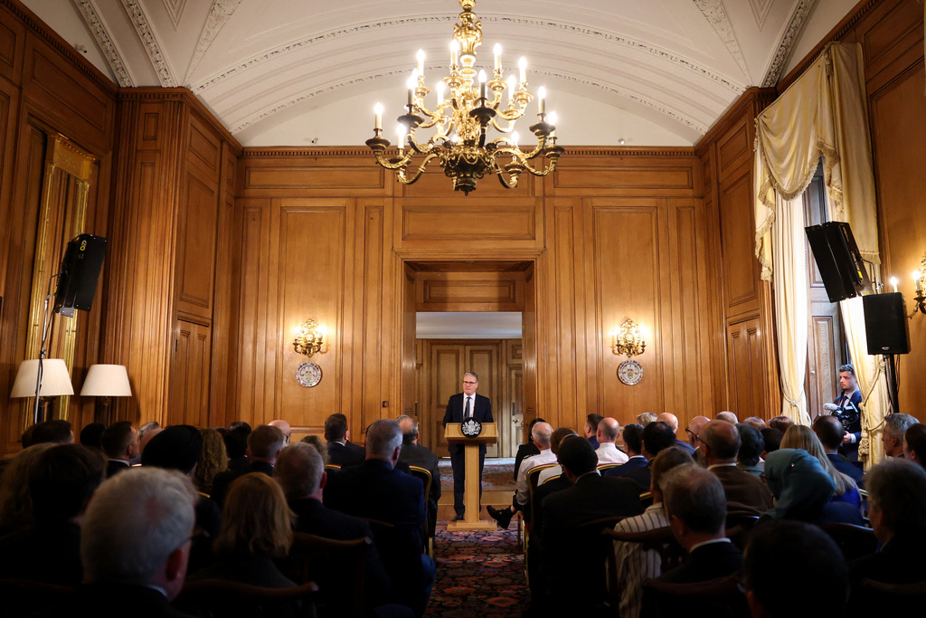 Britain's Prime Minister Keir Starmer speaks, during a meeting with leaders from across society to discuss tackling antisemitism, at Downing Street in London, Tuesday, May 5, 2026. (Hannah McKay/Pool Photo via AP)