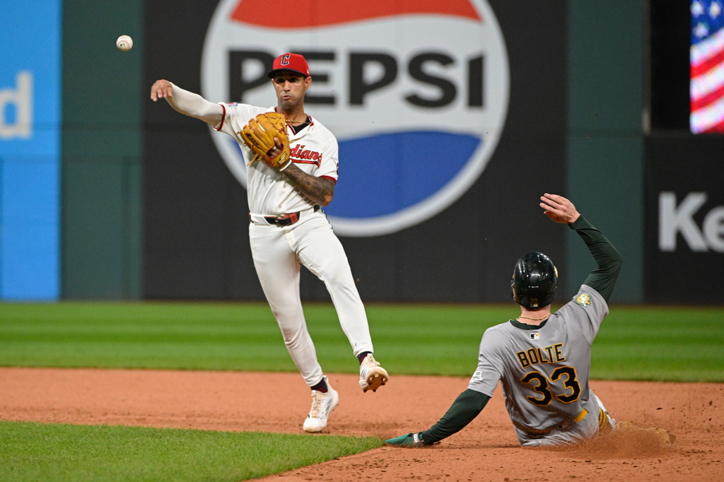 Cleveland Guardians' Brayan Rocchio forces Athletics' Henry Bolte at second base and throws to first to complete a double play during the fourth inning of a baseball game, Saturday, Sept. 19, 2026, in Cleveland. (AP Photo/Phil Long)