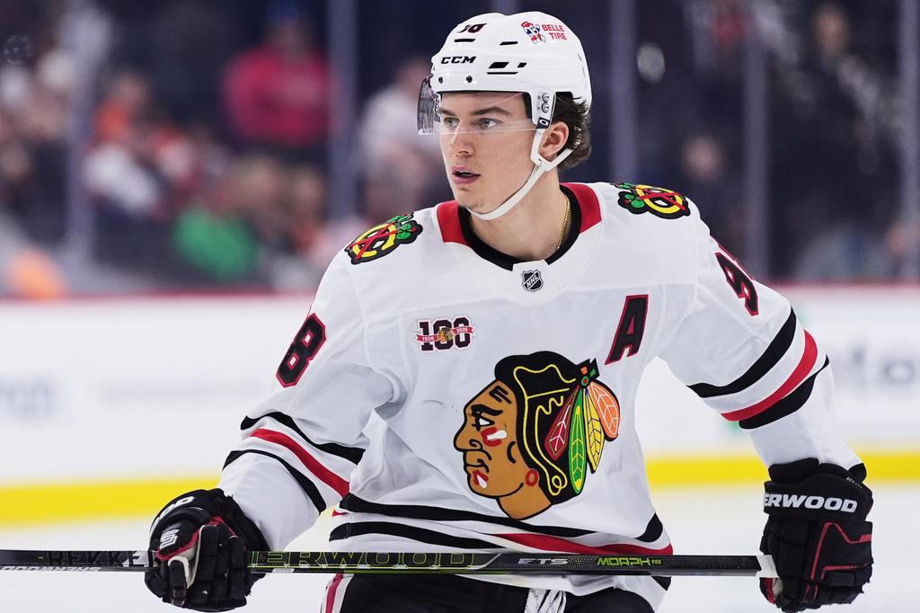 FILE - Chicago Blackhawks' Connor Bedard plays during an NHL hockey game Thursday, March 26, 2026, in Philadelphia. (AP Photo/Matt Slocum, File)