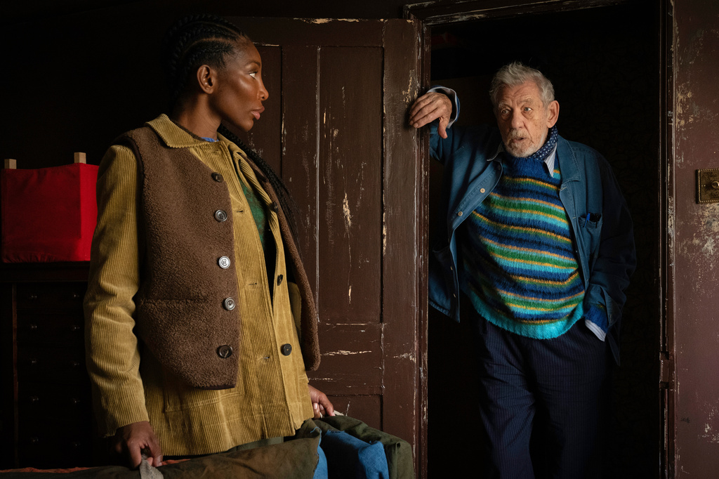 This image released by Neon shows Michaela Coel, left, and Ian McKellen in a scene from "The Christophers." (Claudette Barius/Neon via AP)