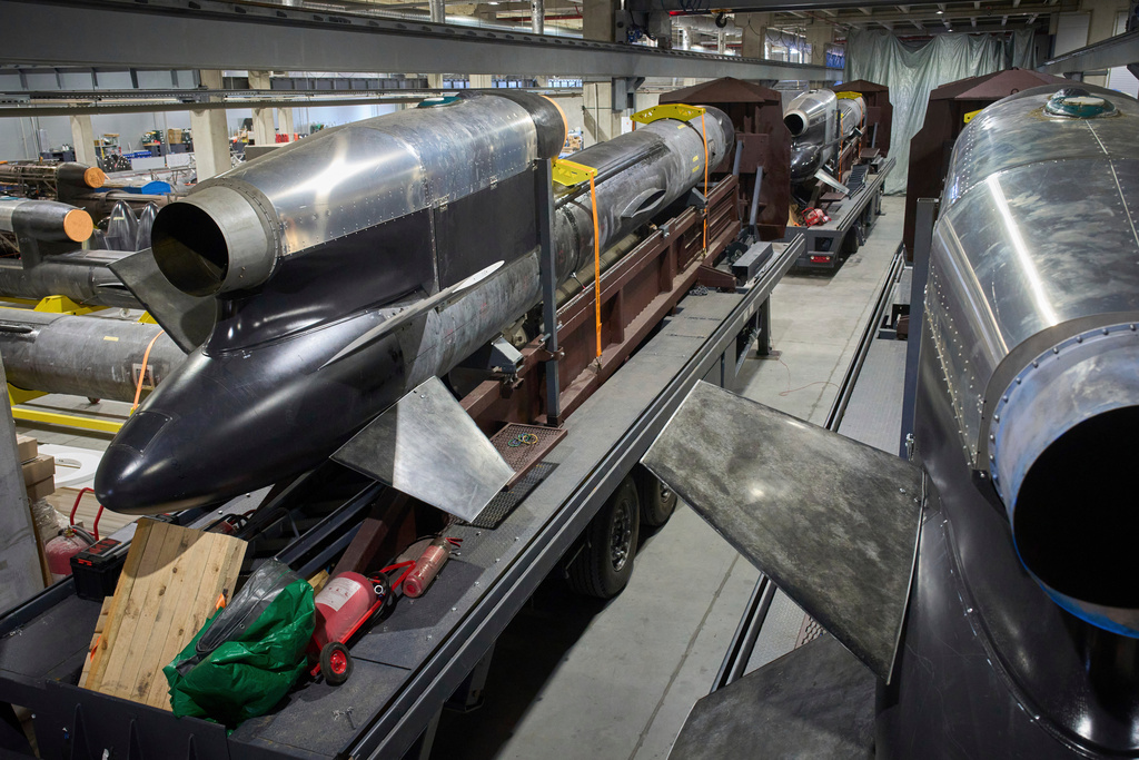FILE - Flamingo missiles are seen at Fire Point's secret factory in Ukraine on Aug. 18, 2025. (AP Photo/Efrem Lukatsky, File)