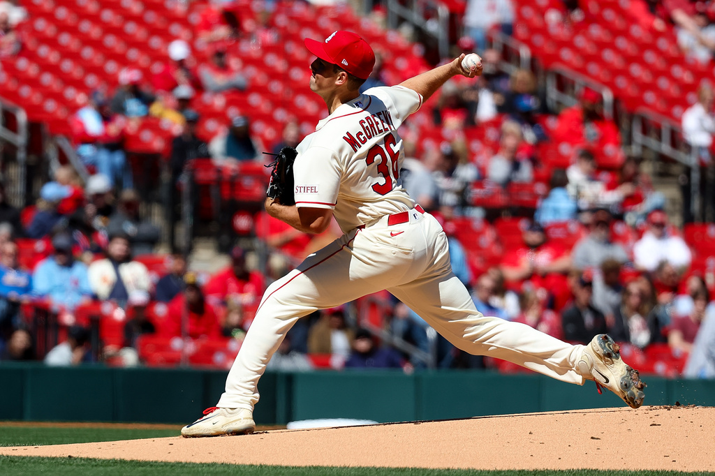 St. Louis Cardinals pitcher Michael McGreevy (36) throws during the first inning of a baseball game against the Tampa Bay Rays, Saturday, March 28, 2026, in St. Louis. (AP Photo/Scott Kane)