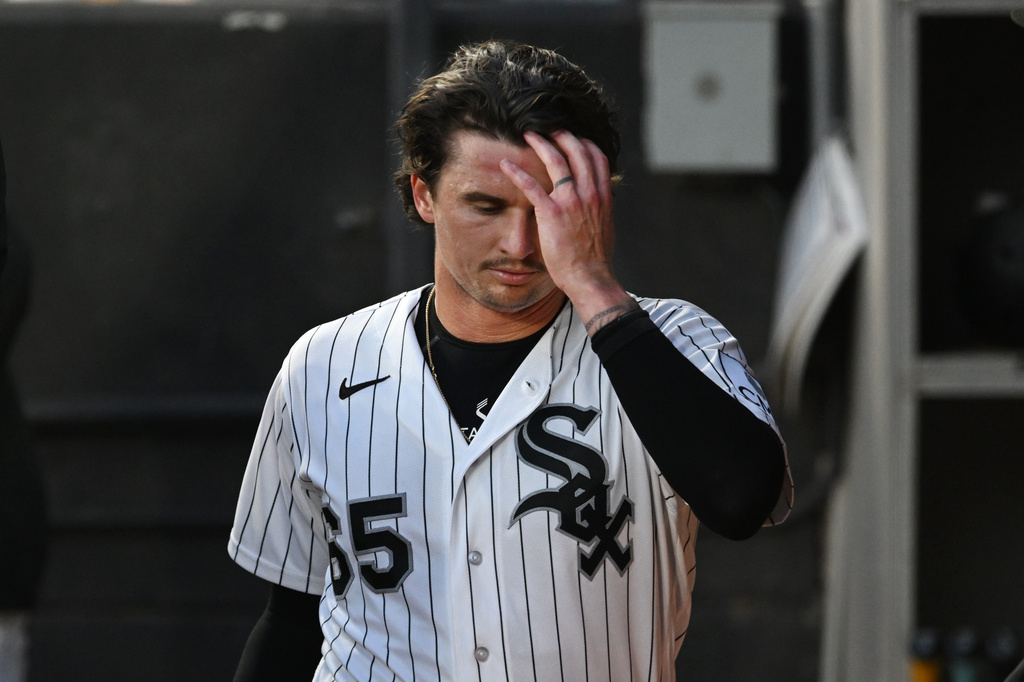 Chicago White Sox starting pitcher Davis Martin reacts in the dugout after being pulled during the first inning of a baseball game against the Colorado Rockies, Saturday, Sept. 26, 2026, in Chicago. (AP Photo/Paul Beaty)