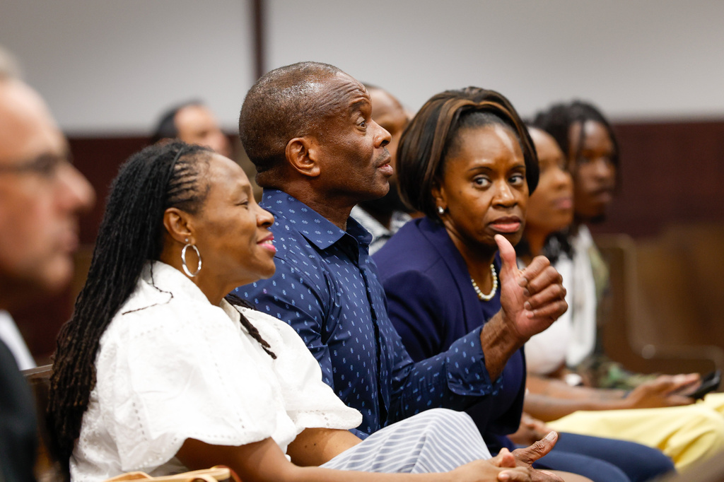 Friends and family members of Terrion Arnold, a Detroit Lions cornerback, react, when bond is set for him during his pretrial detention hearing at the Hillsborough County Courthouse on Monday, June 29, 2026, in Tampa, Fla. (Jefferee Woo/Tampa Bay Times via AP)