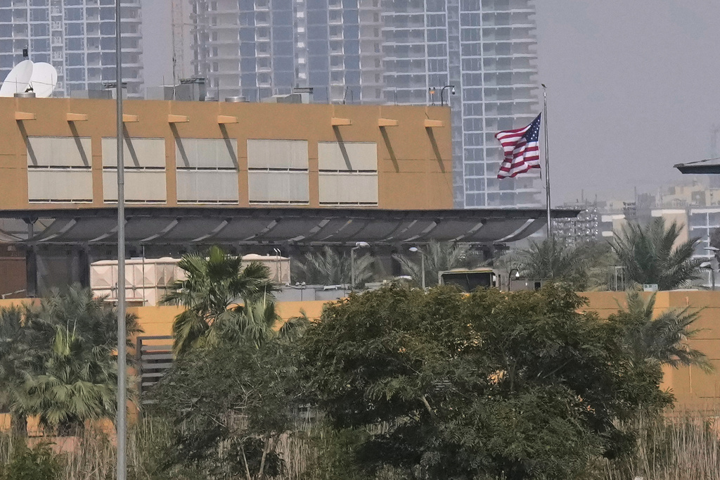 U.S. Embassy is seen across the Tigris River in Baghdad, Sunday, March 8, 2026. (AP Photo/Hadi Mizban)