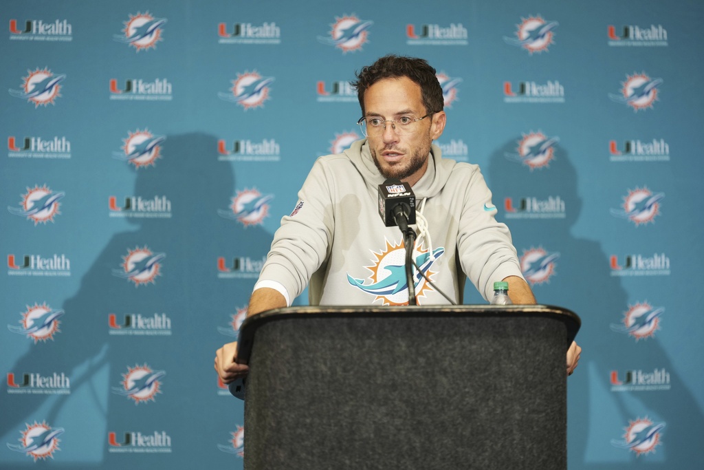 Miami Dolphins head coach Mike McDaniel speaks during a news conference after an NFL football game against the Indianapolis Colts on Sunday, Sept. 7, 2025, in Indianapolis. (AP Photo/AJ Mast)