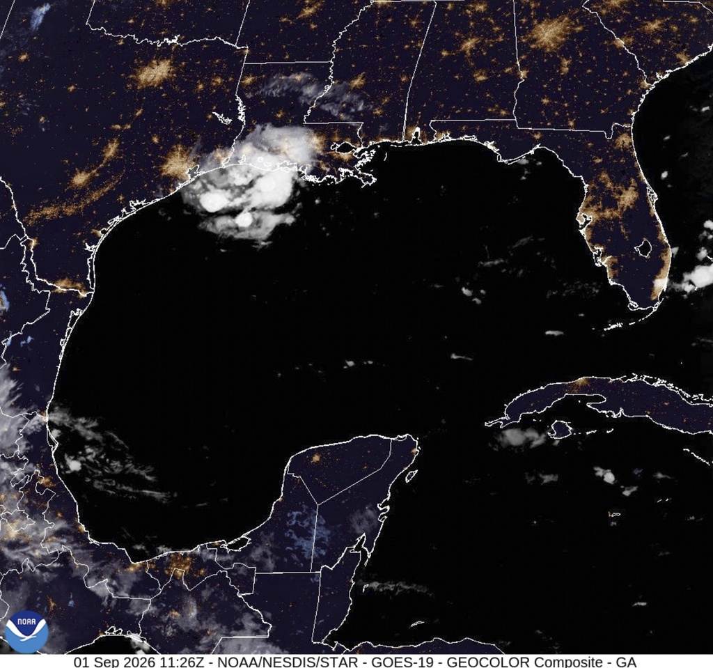 This satellite image from the National Oceanic and Atmospheric Administration taken shows Tropical Storm Edouard heading toward the Gulf Coast, Tuesday, Sept. 1, 2026. (NOAA via AP)