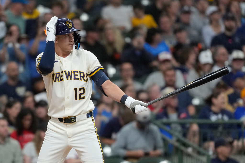 Milwaukee Brewers' Cooper Pratt bats during the third inning of a baseball game against the Cleveland Guardians, Tuesday, June 16, 2026, in Milwaukee. (AP Photo/Aaron Gash)
