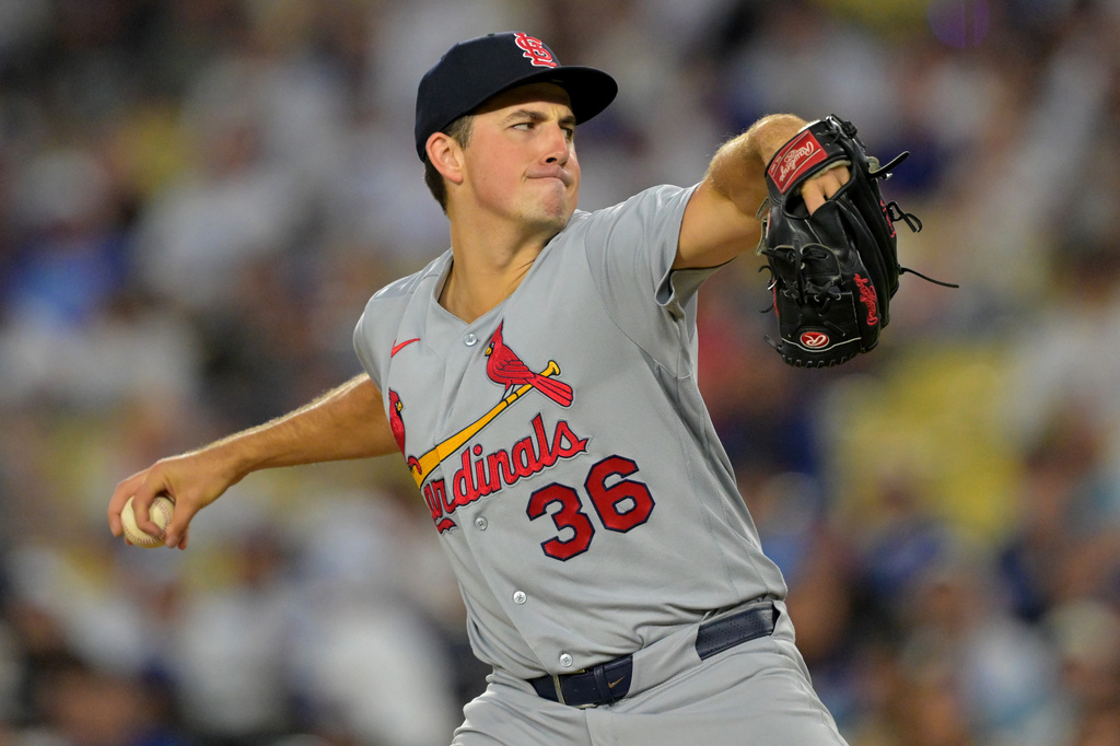 St. Louis Cardinals pitcher Michael McGreevy delivers to the plate during the first inning of a baseball game against the Los Angeles Dodgers, Tuesday, Sept. 1, 2026, in Los Angeles. (AP Photo/Jayne Kamin-Oncea)