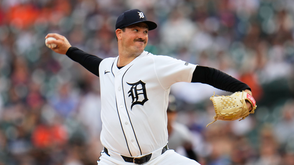 Detroit Tigers pitcher Drew Anderson throws against the Cleveland Guardians during the first inning of a baseball game Tuesday, Aug. 11, 2026, in Detroit. (AP Photo/Paul Sancya)