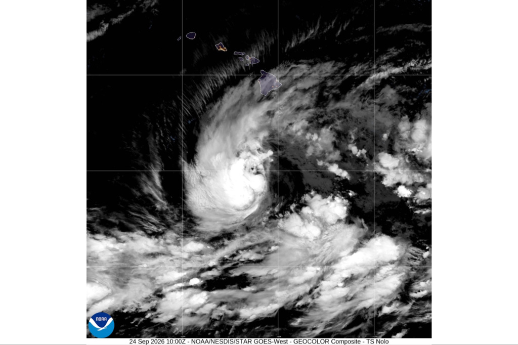 This satellite image from the National Oceanic and Atmospheric Administration shows Tropical Storm Nolo in the Pacific Ocean, Thursday, Sept. 24, 2026. (NOAA via AP)