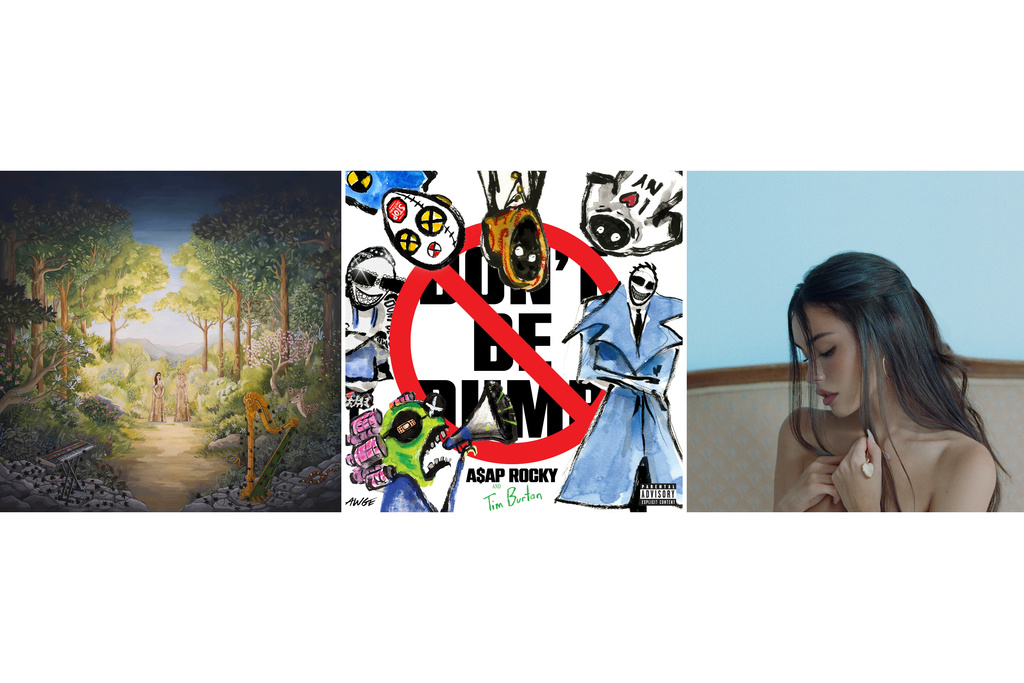 This combination of images show album art for Julianna Barwick & Mary Lattimore’s “Tragic Magic," left, "Don't Be Dumb" by A$AP Rocky, center, and “Locket” by Madison Beer. (InFiné/A$AP Worldwide-RCA Records/Epic Records via AP)