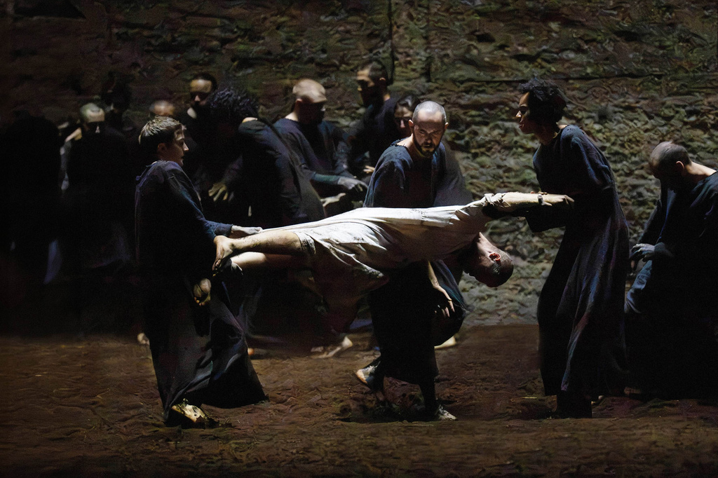 This image released by Salzburg Festival shows Philippe Sly, center, during a performance of Olivier Messiaen’s “Saint François d’Assise,” at the Felsenreitschule in Salzburg, Austria on July 29, 2026. (Monika Rittershaus/Salzburg Festival via AP)