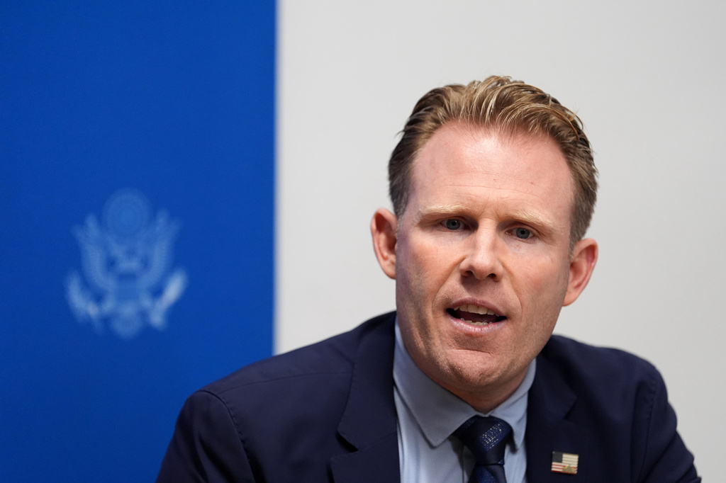 Andrew Giuliani, head of the White House FIFA World Cup task force, speaks at a news briefing about World Cup security, Thursday, June 4, 2026, in Miami. (AP Photo/Rebecca Blackwell)
