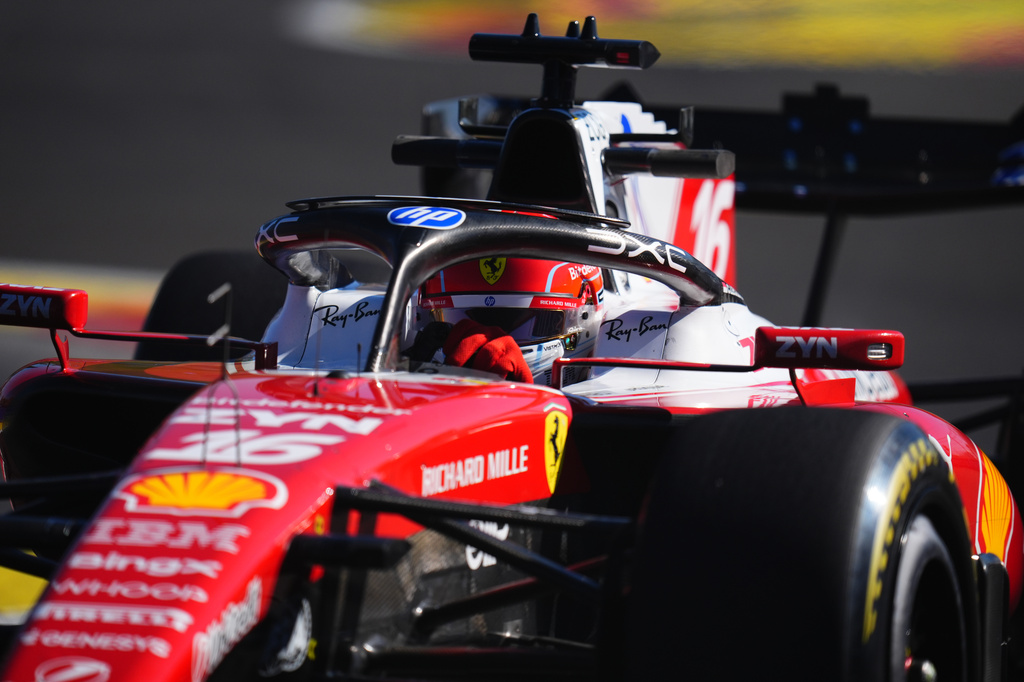 Ferrari driver Charles Leclerc of Monaco steers his car during the second free practice ahead of the Spanish Formula One Grand Prix, in Madrid, Friday, Sept. 11, 2026. (AP Photo/Manu Fernandez)