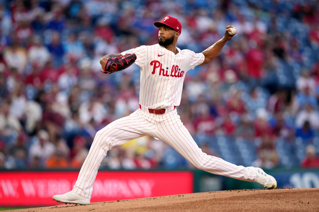Philadelphia Phillies' Cristopher Sánchez pitches during the first inning of a baseball game against the Houston Astros Wednesday, Sept. 9, 2026, in Philadelphia. (AP Photo/Matt Slocum)