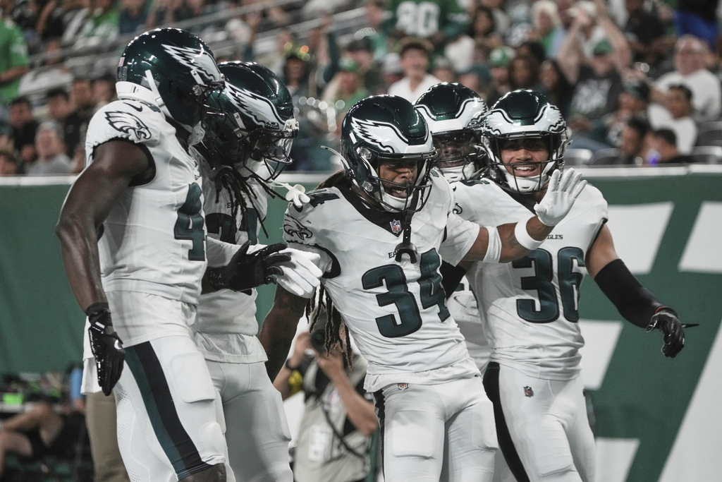 Philadelphia Eagles cornerback Parry Nickerson (34) celebrates his interception in the first half of a preseason NFL football game against the New York Jets in East Rutherford, N.J., Friday, Aug. 22, 2025. (AP Photo/Angelina Katsanis)