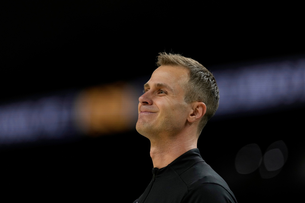 FILE - Duke head coach Jon Scheyer watches during the first half against the Houston in the national semifinals at the Final Four of the NCAA college basketball tournament, April 5, 2025, in San Antonio. (AP Photo/Brynn Anderson, file)