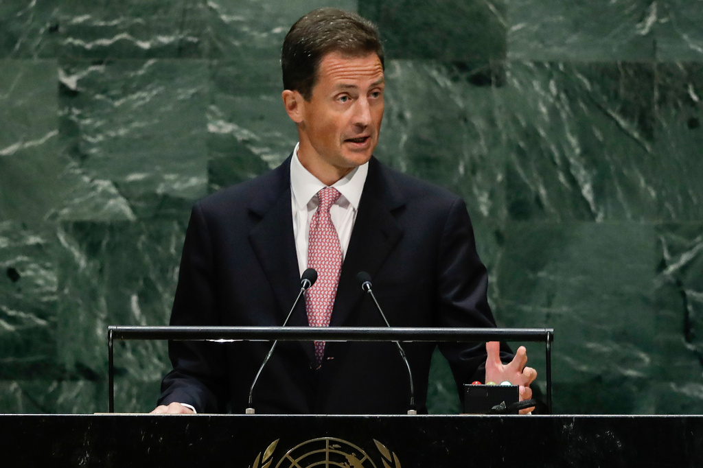 FILE - Prince Alois of Liechtenstein addresses the 74th session of the United Nations General Assembly, Tuesday, Sept. 24, 2019, at the United Nations headquarters. (AP Photo/Frank Franklin II, File)