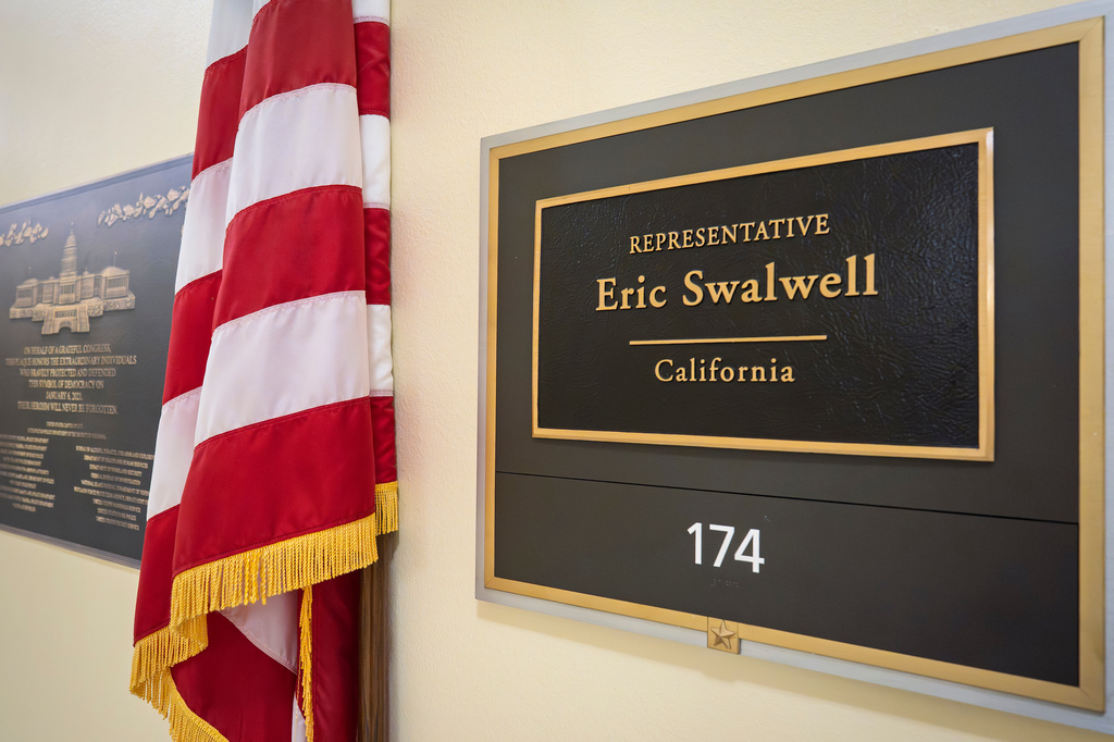 The entrance to the office of Rep. Eric Swalwell, D-Calif., is seen on Capitol Hill in Washington, Monday, April 13, 2026. (AP Photo/J. Scott Applewhite)